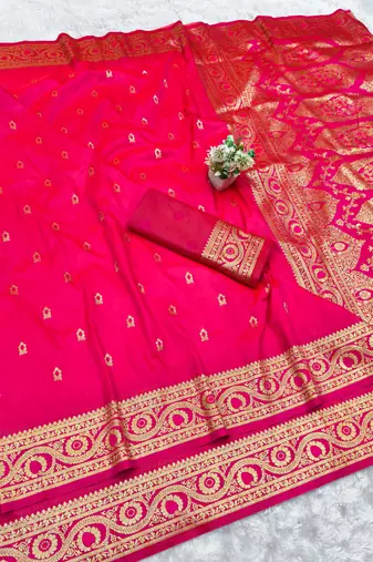 pink zari woven banarasi silk blend traditional saree with blouse piece