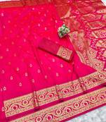 pink zari woven banarasi silk blend traditional saree with blouse piece