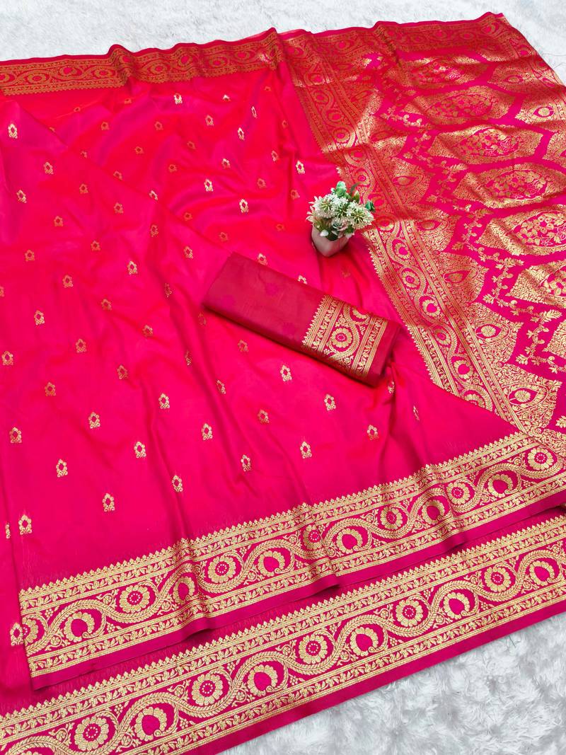 pink zari woven banarasi silk blend traditional saree with blouse piece