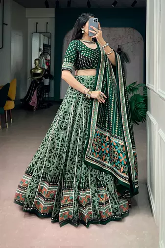 Tasar Silk Printed Free Size Ghaghra Choli with Lace Border & Dupatta for Navratri Garba