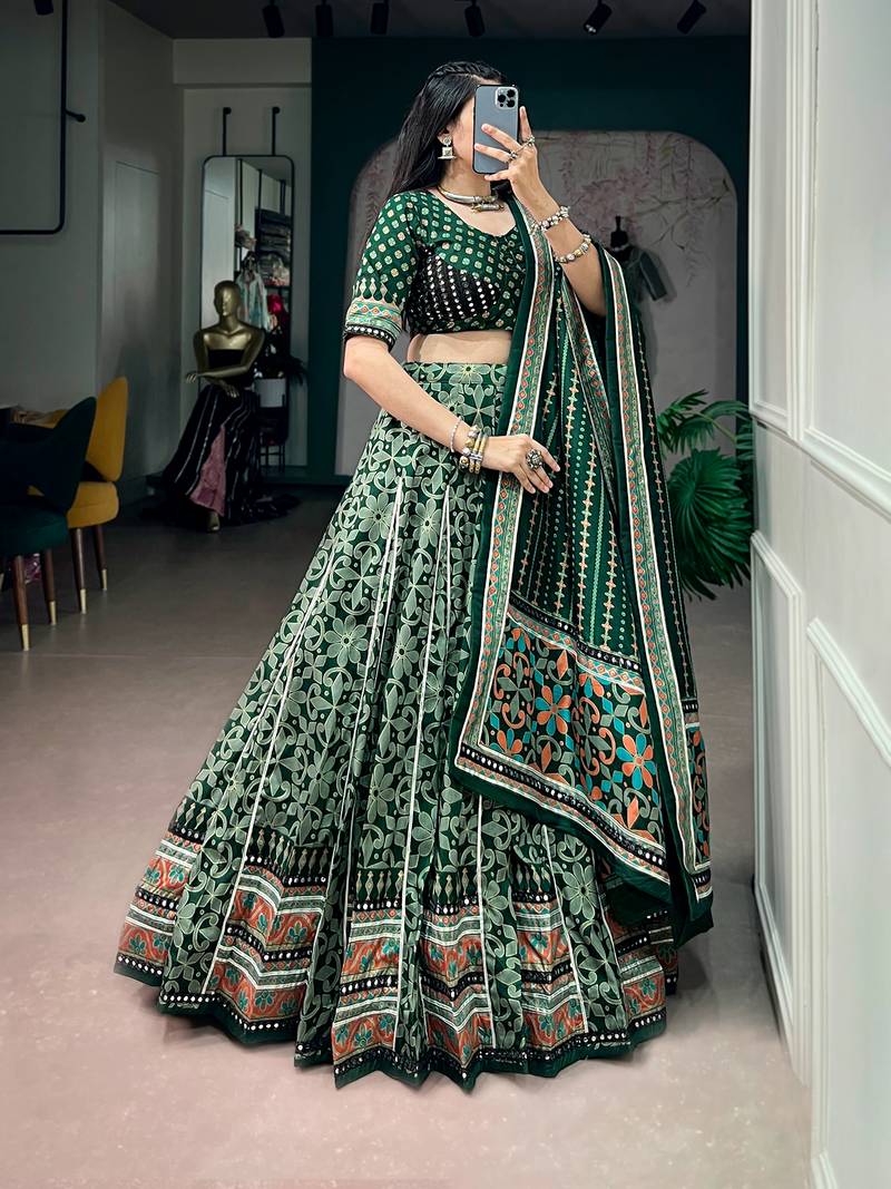 Tasar Silk Printed Free Size Ghaghra Choli with Lace Border & Dupatta for Navratri Garba
