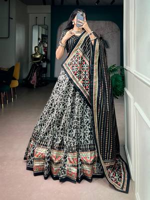 Tasar silk blend Printed Free Size Ghaghra Choli with Lace Border & Dupatta for Navratri Garba 1