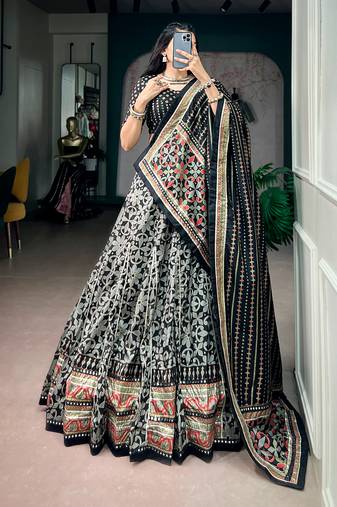 Tasar silk blend Printed Free Size Ghaghra Choli with Lace Border & Dupatta for Navratri Garba