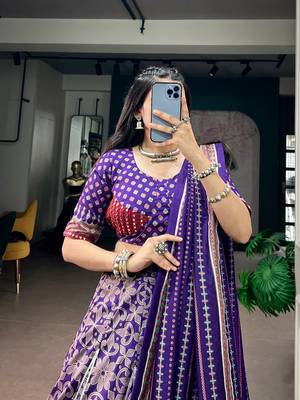 Tasar silk blend Printed Free Size Ghaghra Choli with Lace Border & Dupatta for Navratri Garba 2