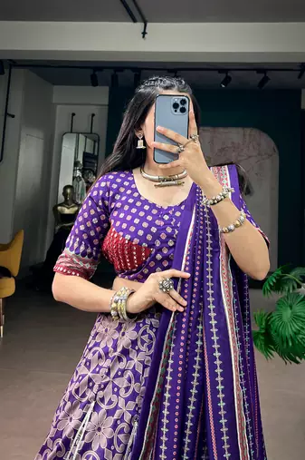 Tasar silk blend Printed Free Size Ghaghra Choli with Lace Border & Dupatta for Navratri Garba