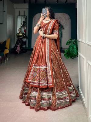 Tasar silk blend Printed Free Size Ghaghra Choli with Lace Border & Dupatta for Navratri Garba 4