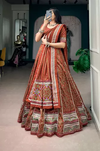 Tasar silk blend Printed Free Size Ghaghra Choli with Lace Border & Dupatta for Navratri Garba