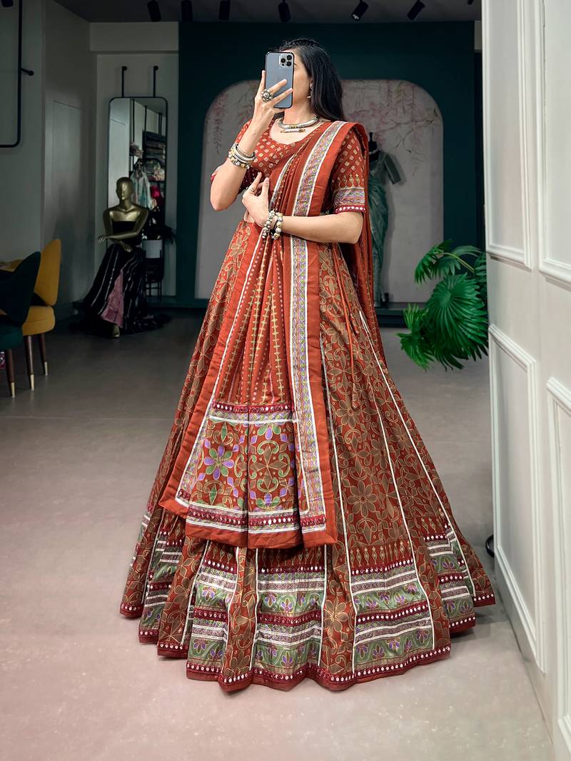 Tasar silk blend Printed Free Size Ghaghra Choli with Lace Border & Dupatta for Navratri Garba