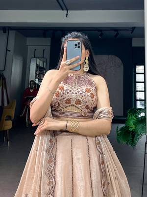 Women's Cream Spider Crush silk blend Embroidered Semi-Stitched Lehenga Choli Set 2