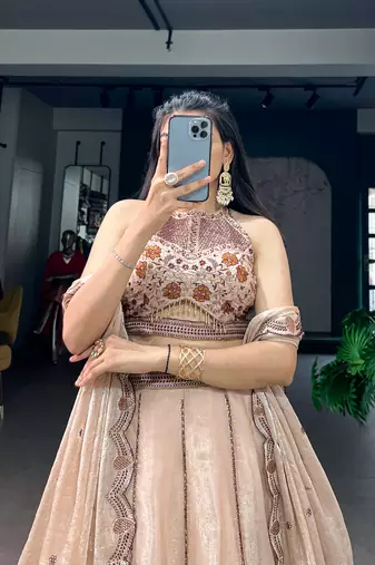 Women's Cream Spider Crush silk blend Embroidered Semi-Stitched Lehenga Choli Set