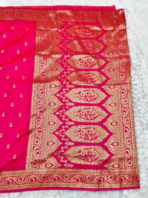 pink zari woven banarasi silk blend traditional saree with blouse piece 2