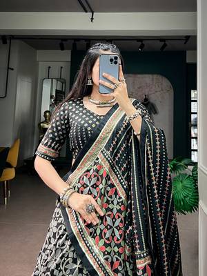 Tasar silk blend Printed Free Size Ghaghra Choli with Lace Border & Dupatta for Navratri Garba 2