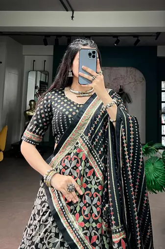 Tasar silk blend Printed Free Size Ghaghra Choli with Lace Border & Dupatta for Navratri Garba