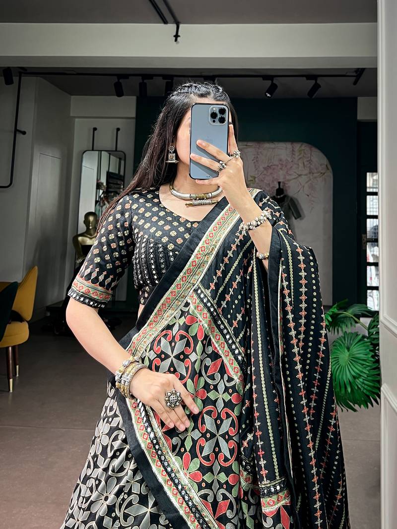 Tasar silk blend Printed Free Size Ghaghra Choli with Lace Border & Dupatta for Navratri Garba