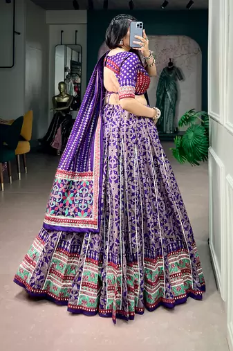 Tasar silk blend Printed Free Size Ghaghra Choli with Lace Border & Dupatta for Navratri Garba
