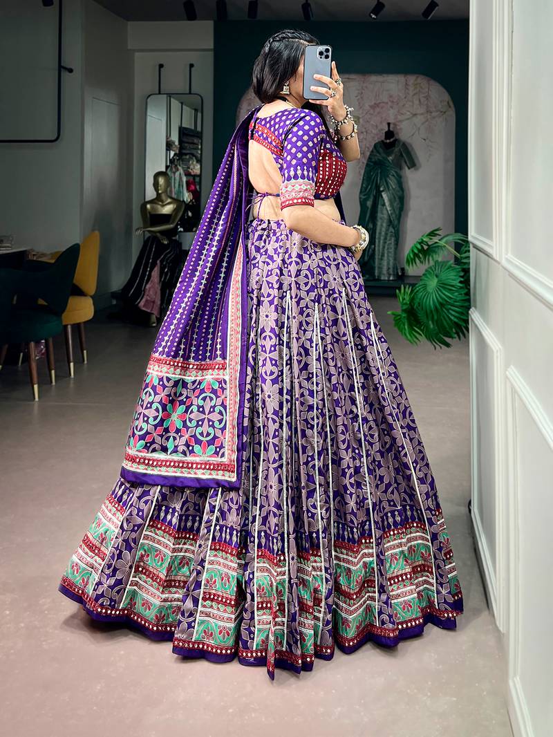 Tasar silk blend Printed Free Size Ghaghra Choli with Lace Border & Dupatta for Navratri Garba