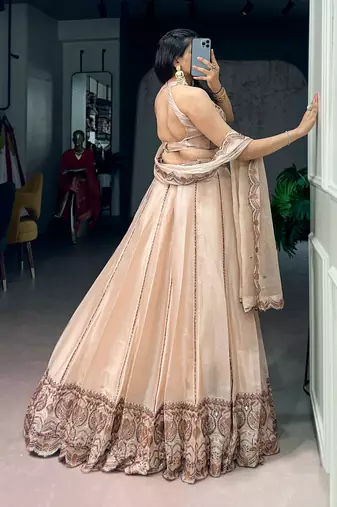 Women's Cream Spider Crush silk blend Embroidered Semi-Stitched Lehenga Choli Set