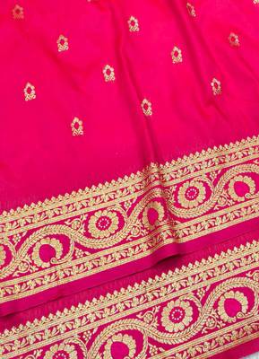 pink zari woven banarasi silk blend traditional saree with blouse piece 3
