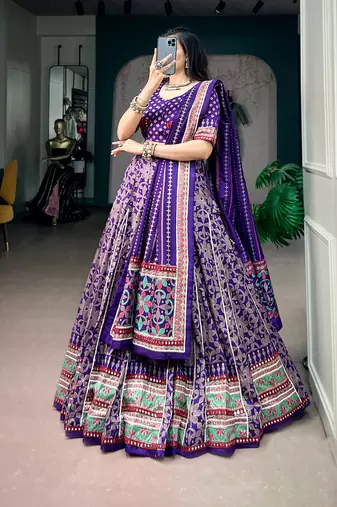 Tasar silk blend Printed Free Size Ghaghra Choli with Lace Border & Dupatta for Navratri Garba