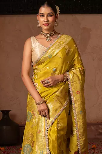 Green embroidered pure chiffon saree