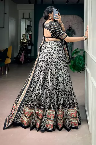 Tasar silk blend Printed Free Size Ghaghra Choli with Lace Border & Dupatta for Navratri Garba
