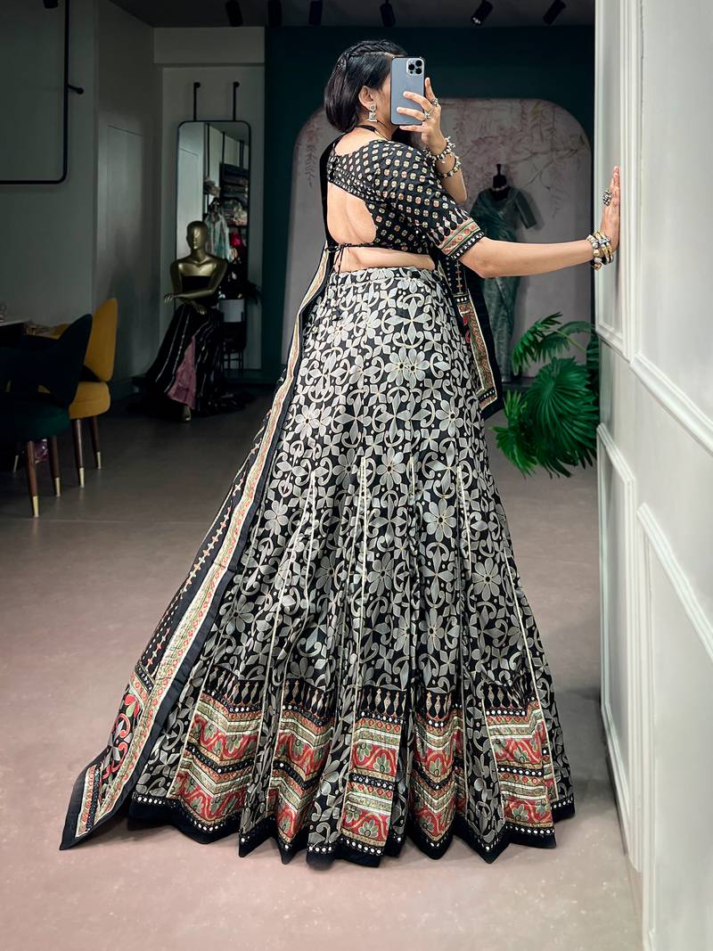 Tasar silk blend Printed Free Size Ghaghra Choli with Lace Border & Dupatta for Navratri Garba