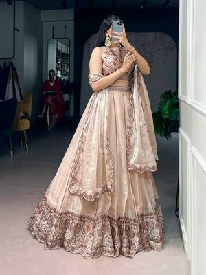 Women's Cream Spider Crush silk blend Embroidered Semi-Stitched Lehenga Choli Set 4