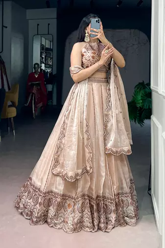 Women's Cream Spider Crush silk blend Embroidered Semi-Stitched Lehenga Choli Set