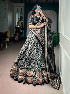 Tasar silk blend Printed Free Size Ghaghra Choli with Lace Border & Dupatta for Navratri Garba 4
