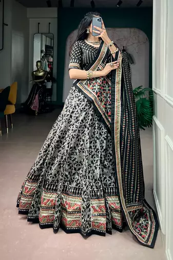 Tasar silk blend Printed Free Size Ghaghra Choli with Lace Border & Dupatta for Navratri Garba