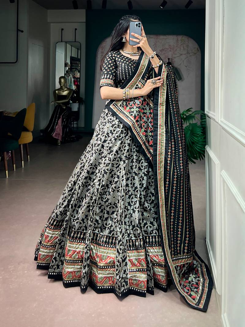 Tasar silk blend Printed Free Size Ghaghra Choli with Lace Border & Dupatta for Navratri Garba