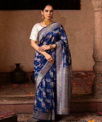 Blue embroidered pure katan silk saree 1