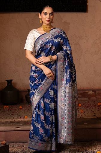 Blue embroidered pure katan silk saree