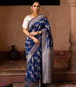 Blue embroidered pure katan silk saree