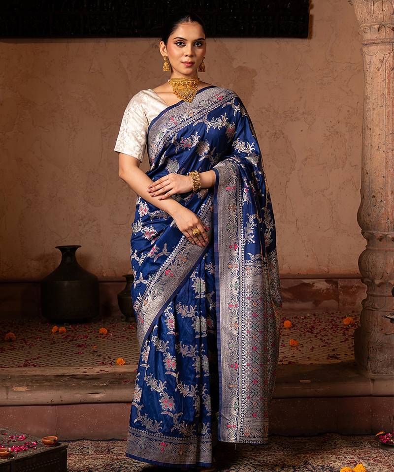 Blue embroidered pure katan silk saree