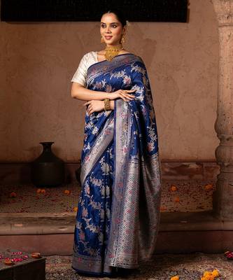 Blue embroidered pure katan silk saree 2