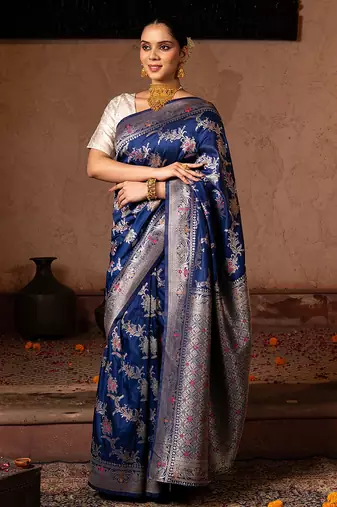 Blue embroidered pure katan silk saree
