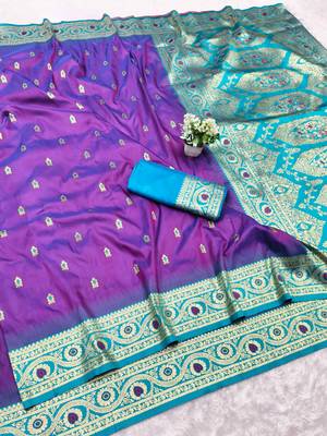 purple zari woven banarasi silk blend traditional saree with blouse piece 1