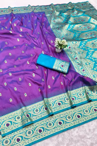 purple zari woven banarasi silk blend traditional saree with blouse piece