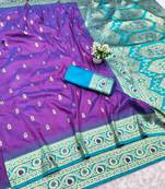 purple zari woven banarasi silk blend traditional saree with blouse piece