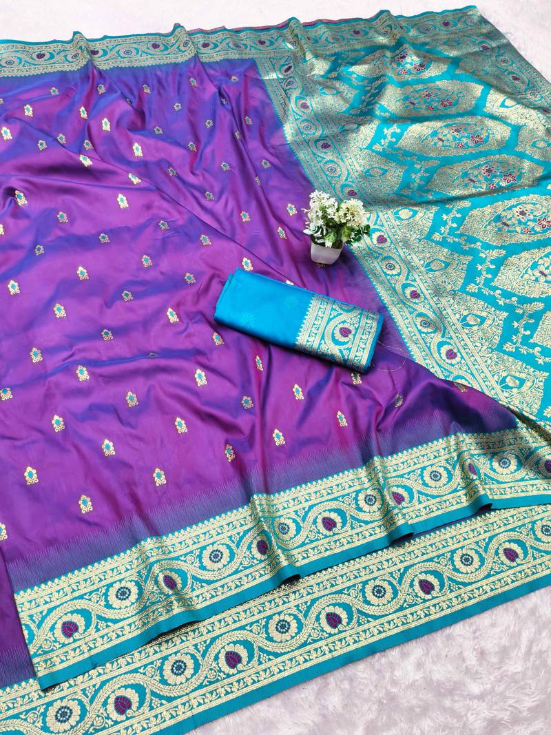 purple zari woven banarasi silk blend traditional saree with blouse piece