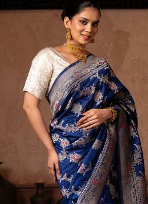 Blue embroidered pure katan silk saree 3