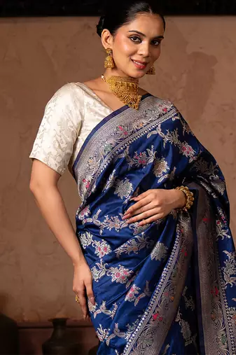 Blue embroidered pure katan silk saree