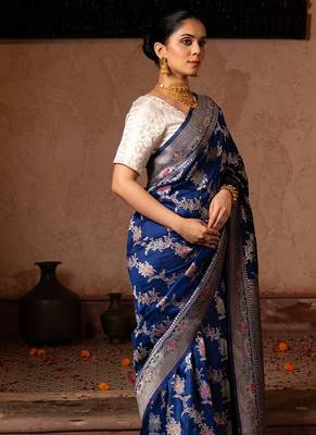 Blue embroidered pure katan silk saree 4