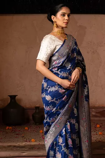 Blue embroidered pure katan silk saree