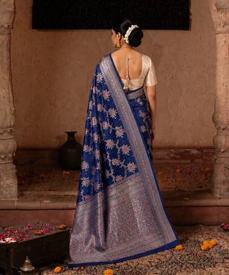 Blue embroidered pure katan silk saree 5