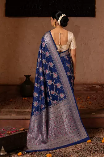 Blue embroidered pure katan silk saree