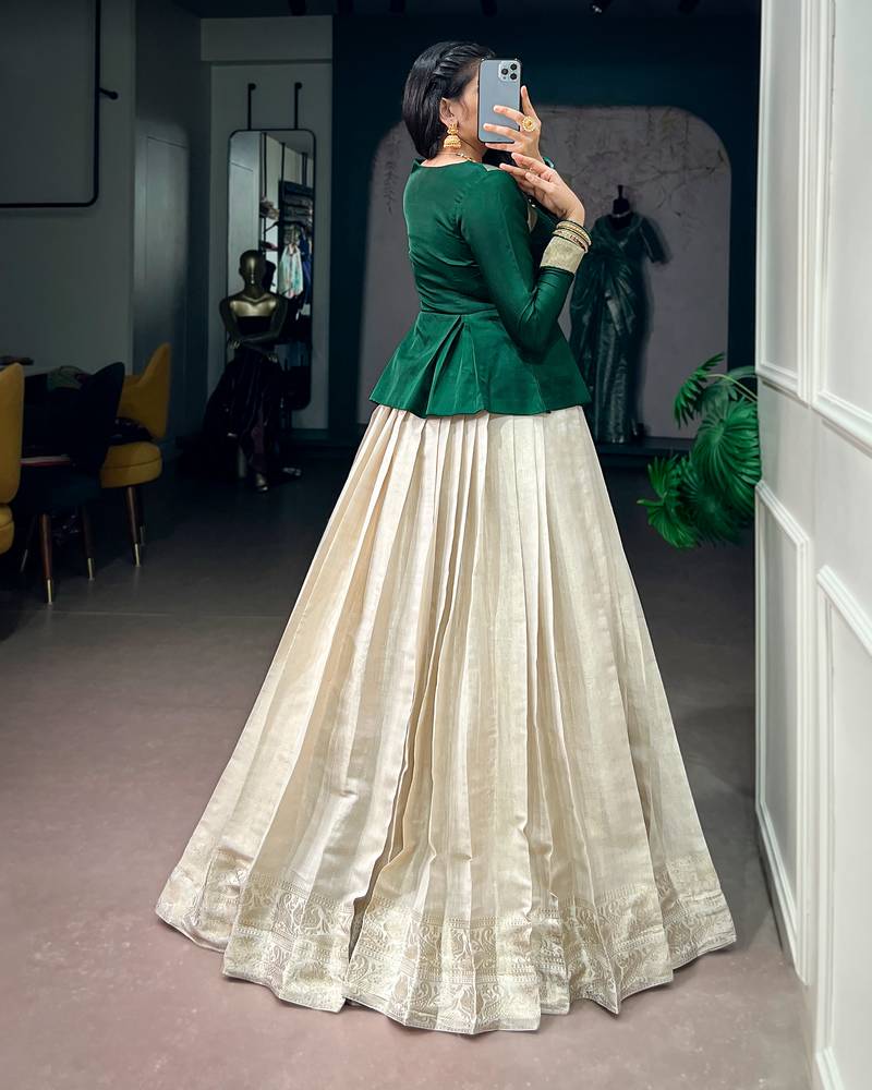Women's Kanchipuram Zari Woven free size Lehenga and Satin silk blend Top Set