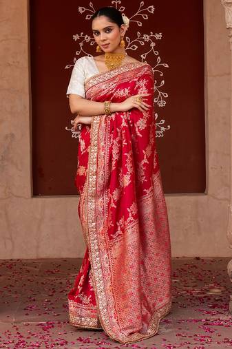 Red embroidered pure katan silk saree