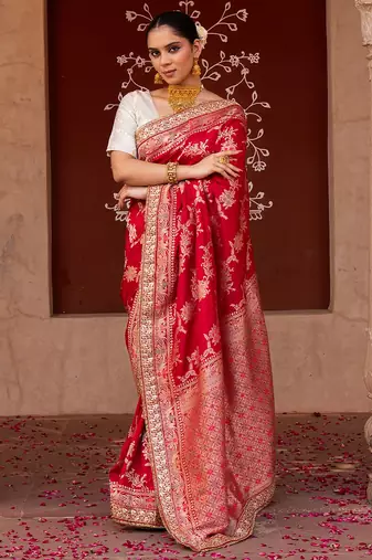 Red embroidered pure katan silk saree